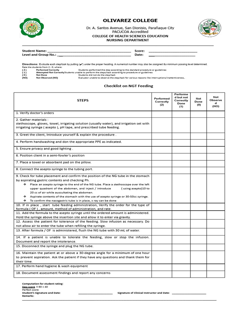 Checklist On NGT Feeding | PDF | Clinical Medicine | Medical Specialties