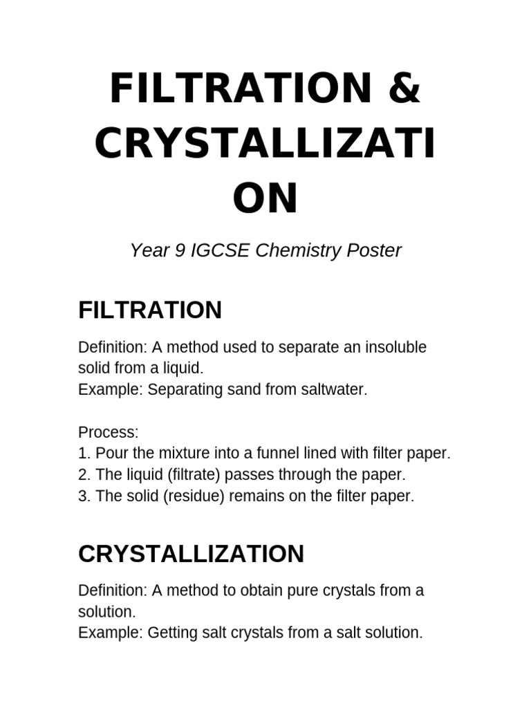 Filtration and Crystallization Poster IGCSE | PDF