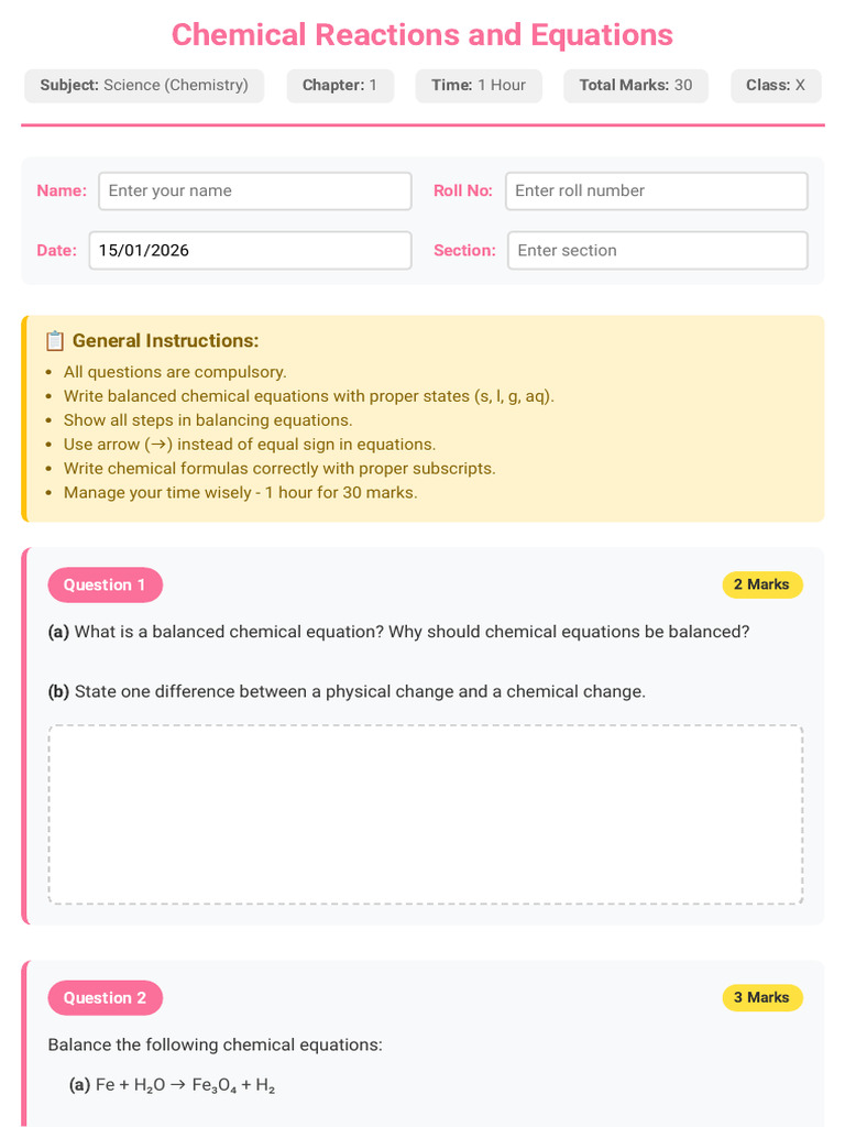 Worksheet 2 On Chemistry 15-01-2026 | PDF | Chemical Reactions | Redox