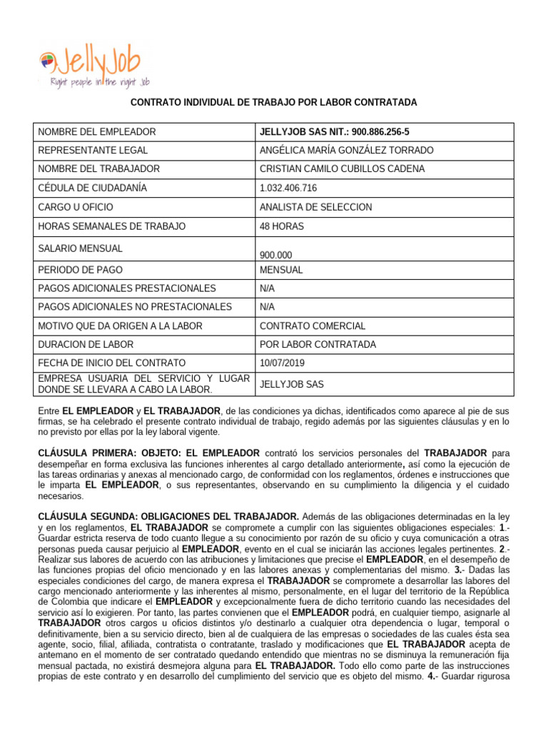 Contrato Obra Labor Cristian Cubillos | PDF | Salario | Derecho laboral