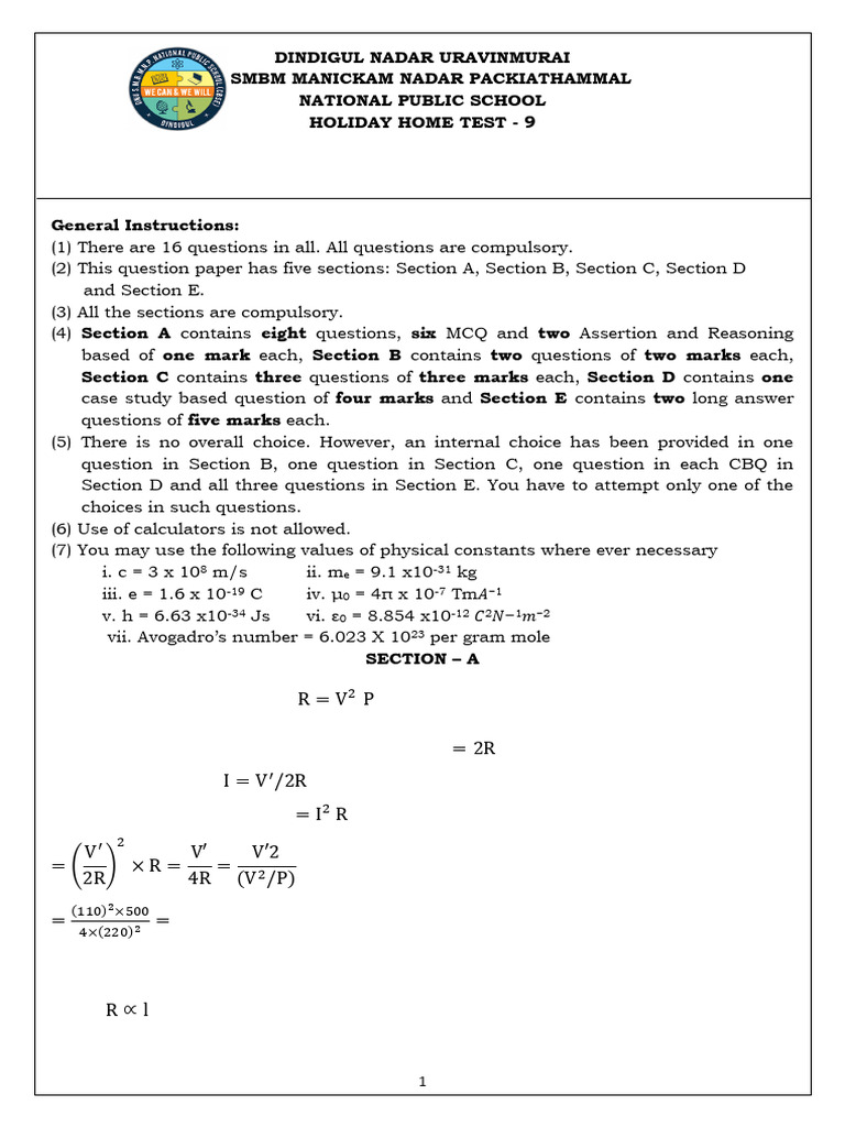 Home Test - 9 (21.07.25) Solutions | PDF | Electric Current | Physical ...