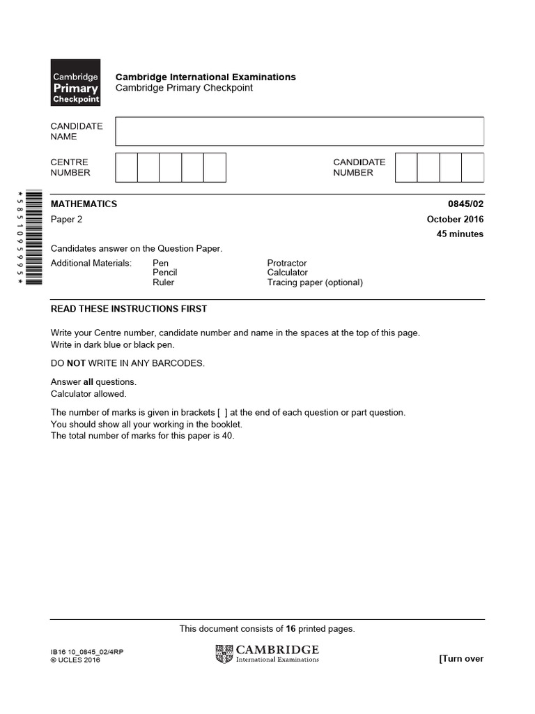 Primary Checkpoint Mathematics 0845 October 2016 Paper 2 | PDF ...