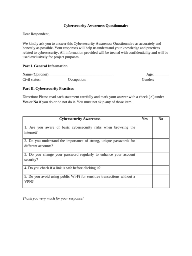 Cybersecurity Awareness Questionnaire | PDF
