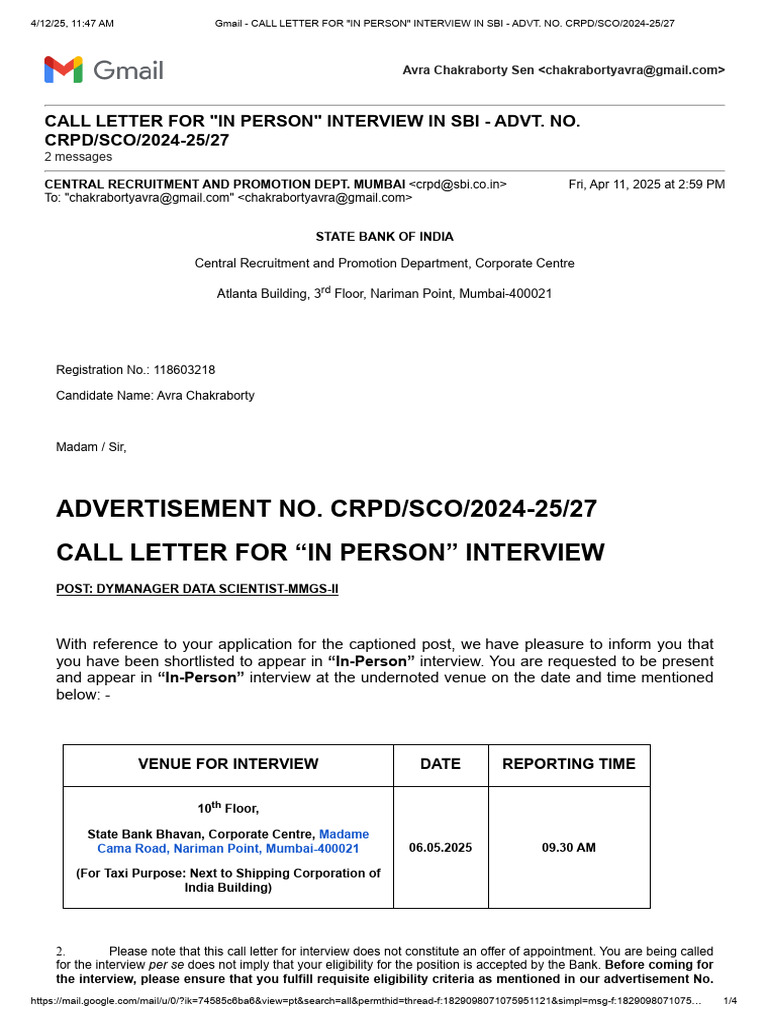 Gmail - Call Letter for _in Person_ Interview in Sbi - Advt. No. Crpd ...