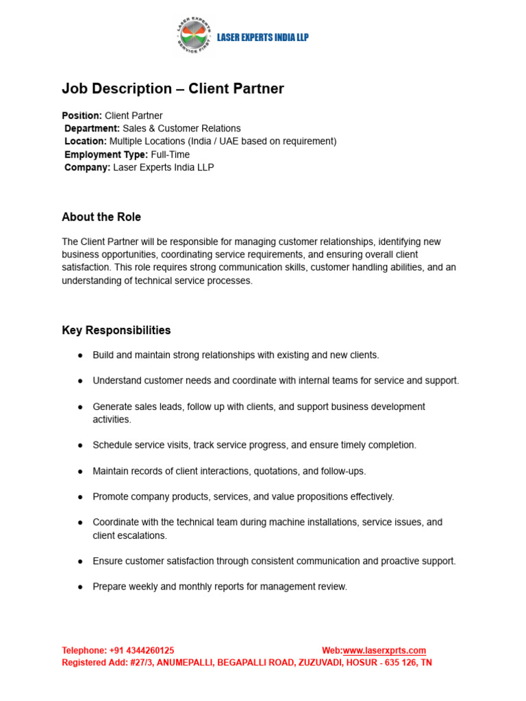 Job Description - Client Partner | PDF | Communication | Skill