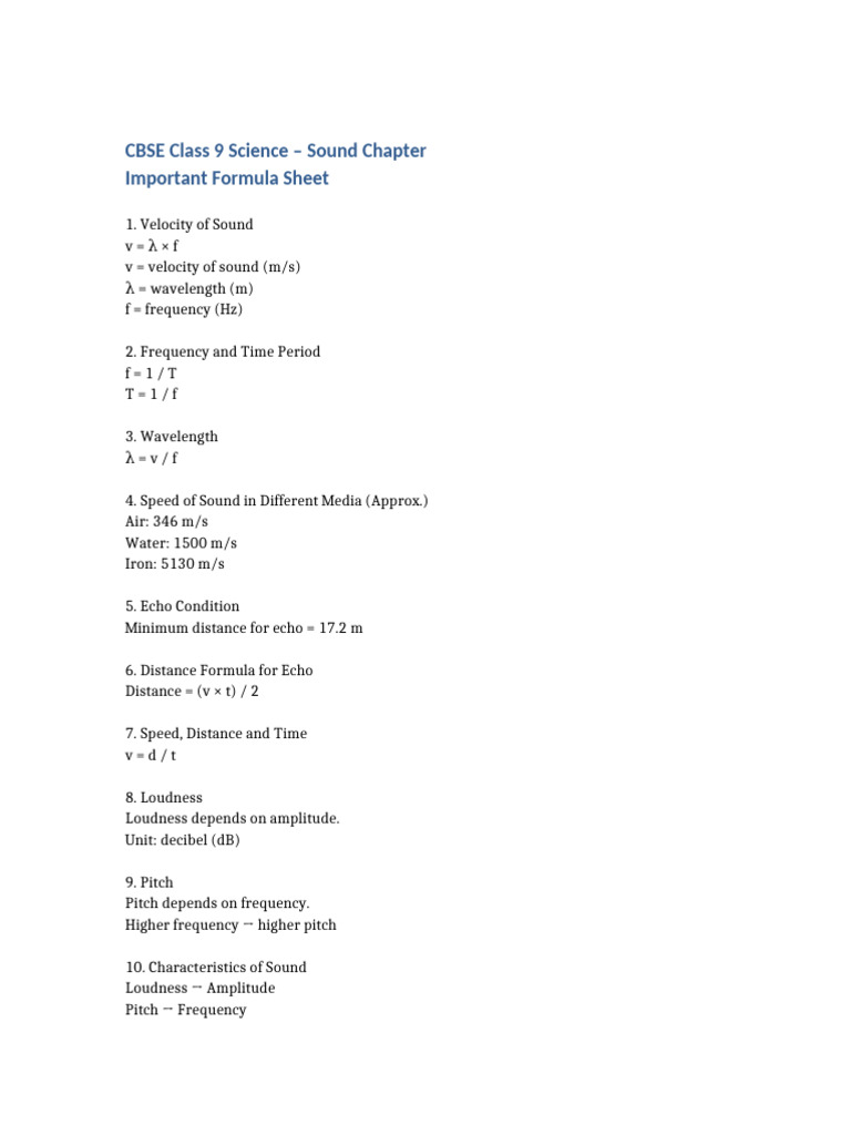 Class 9 Sound Important Formulas | PDF