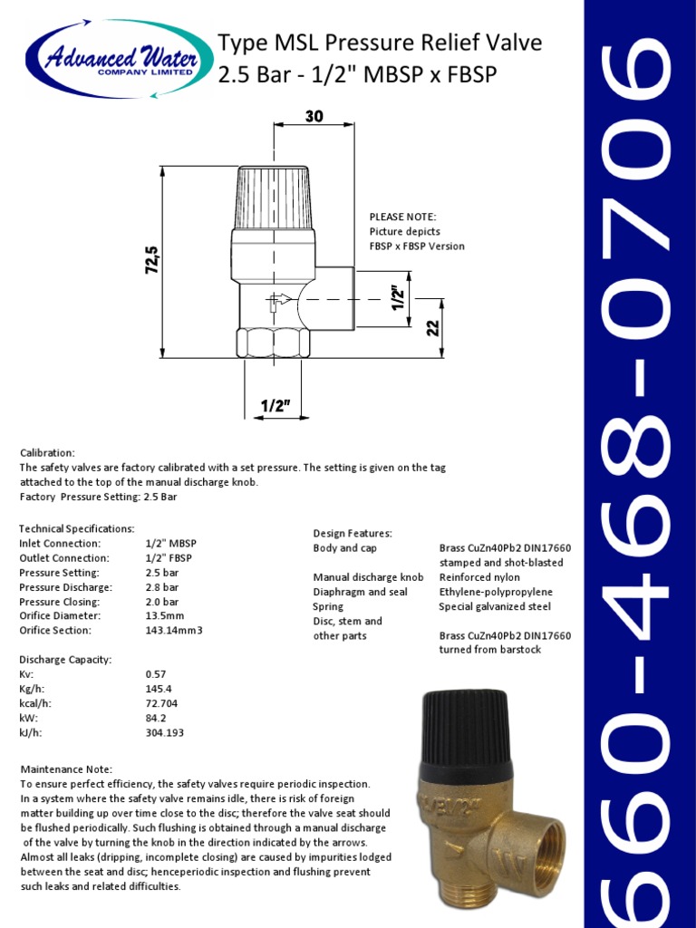Type MSL Pressure Relief Valve 2.5 Bar 1-2inch MBSP X FBSP | PDF ...