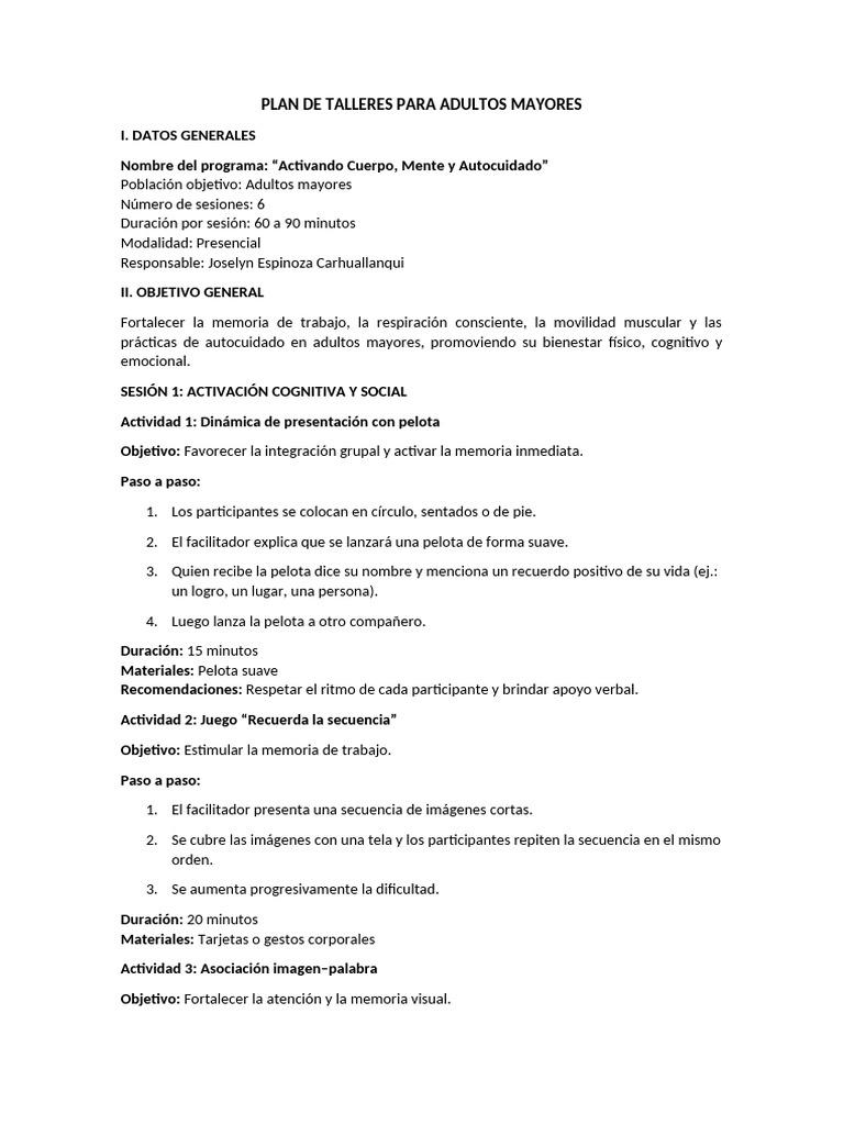 Plan de Talleres para Adultos Mayores | PDF | Memoria | Neurociencia