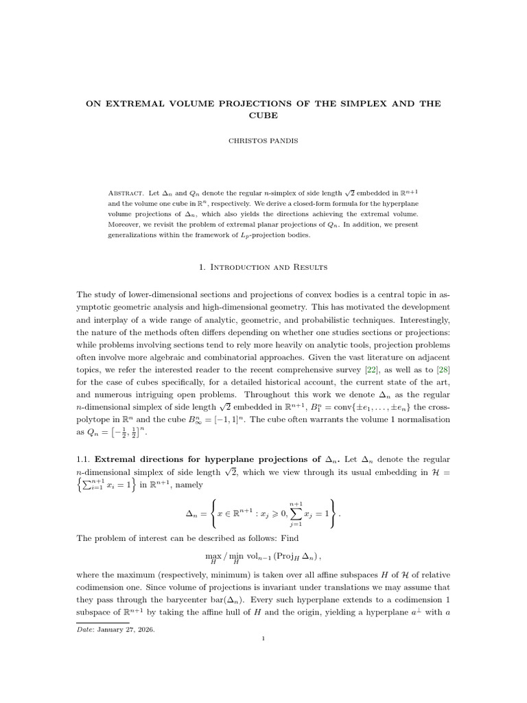 On Extremal Volume Projections of The Simplex and The Cube: Abstract ...