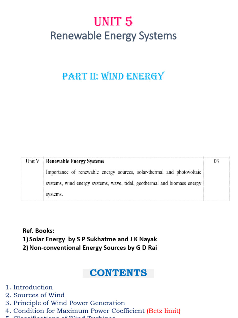 Unit 5 Renewable Energy Systems Part II Wind Energy | PDF | Wind ...