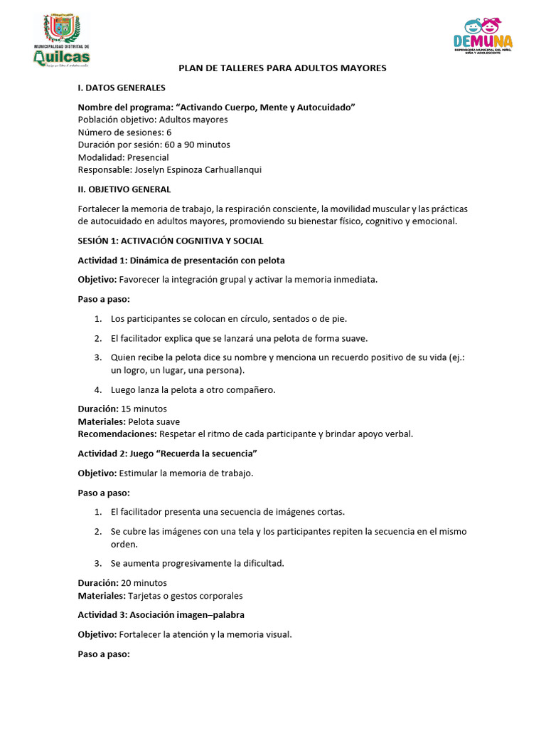 Plan de Talleres Para Adultos Mayores | PDF | Memoria | Conceptos ...
