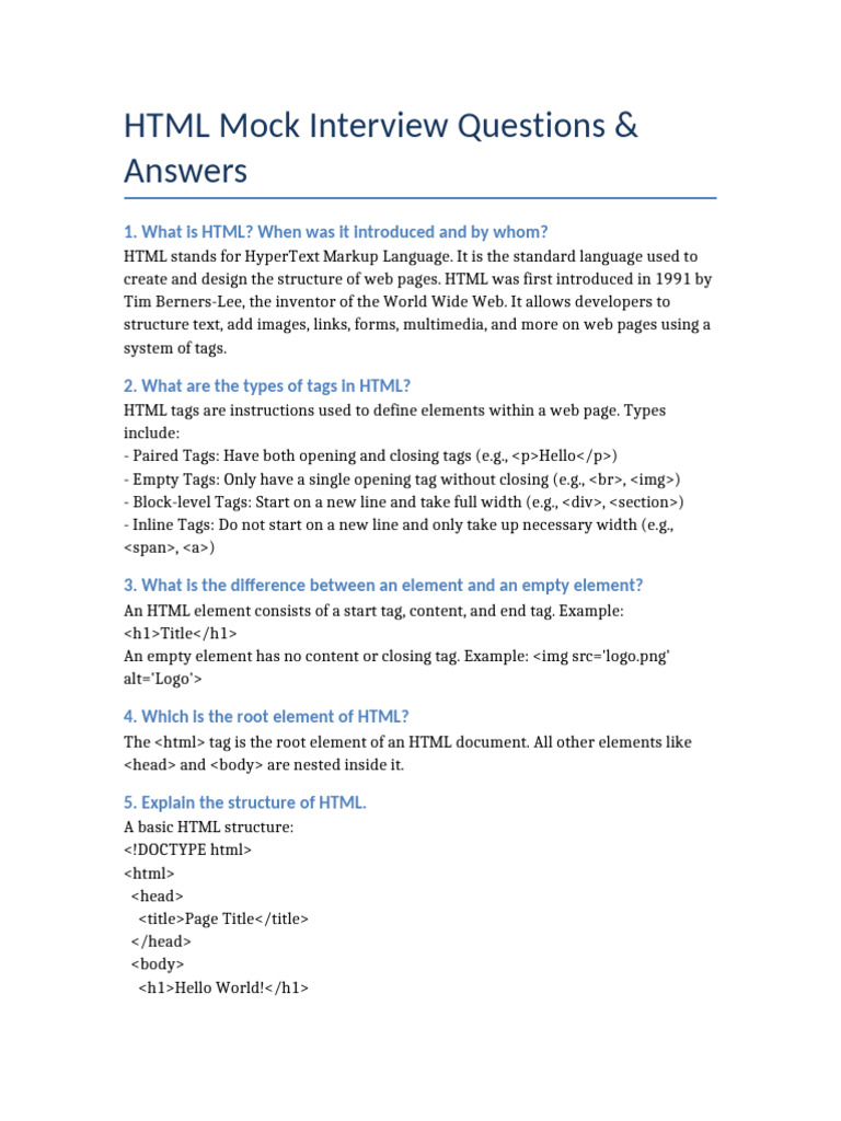 HTML Mock Interview Answers | PDF | Html Element | Html