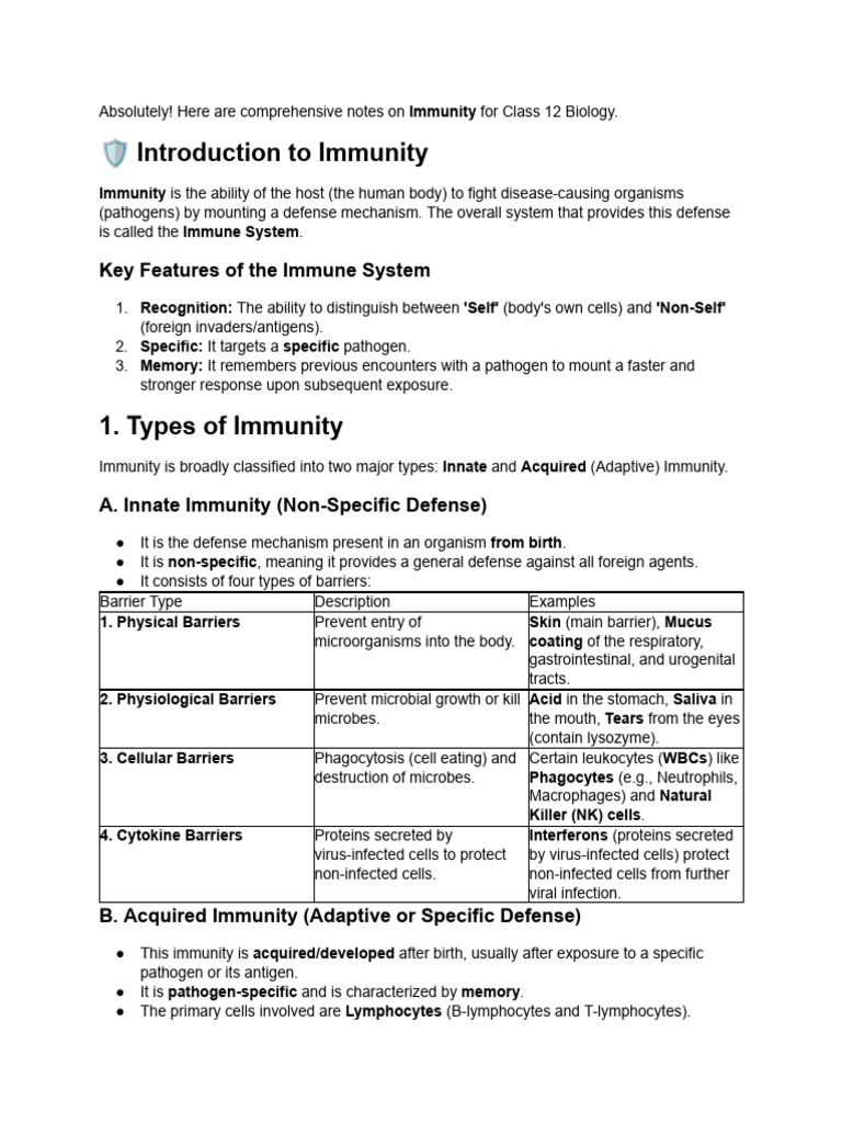 Notes On Immunity Class 12 | PDF | Immune System | Antibody