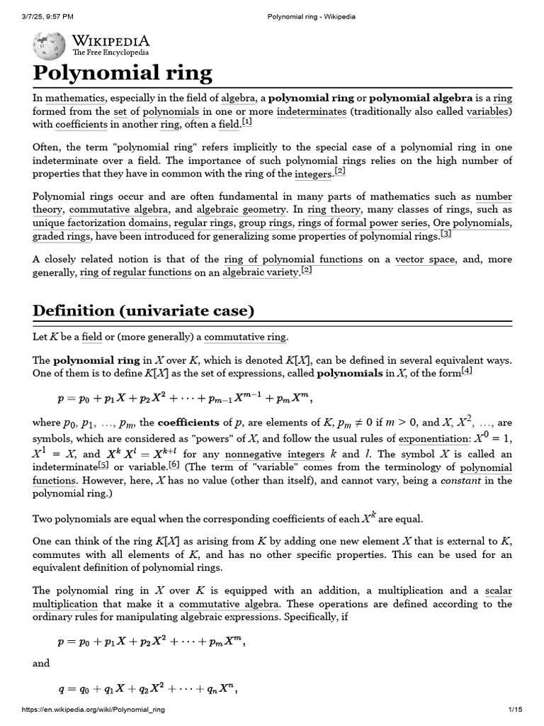 Polynomial Ring - Wikipedia | PDF | Factorization | Polynomial