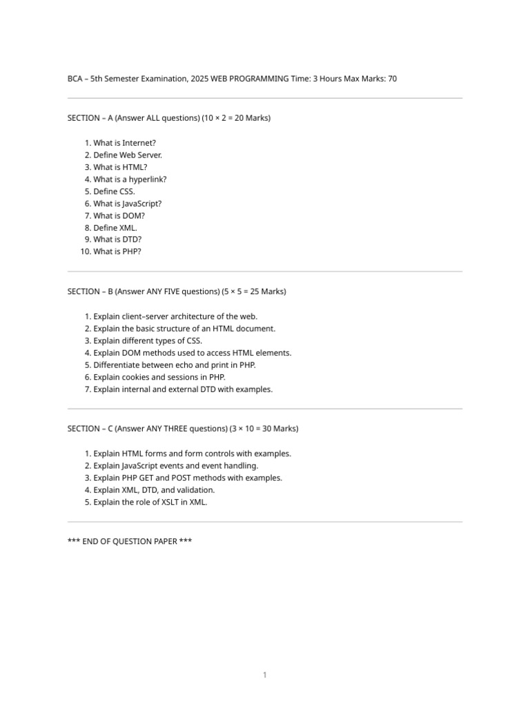 Web Programming 5th Sem Question Paper (2025) | PDF