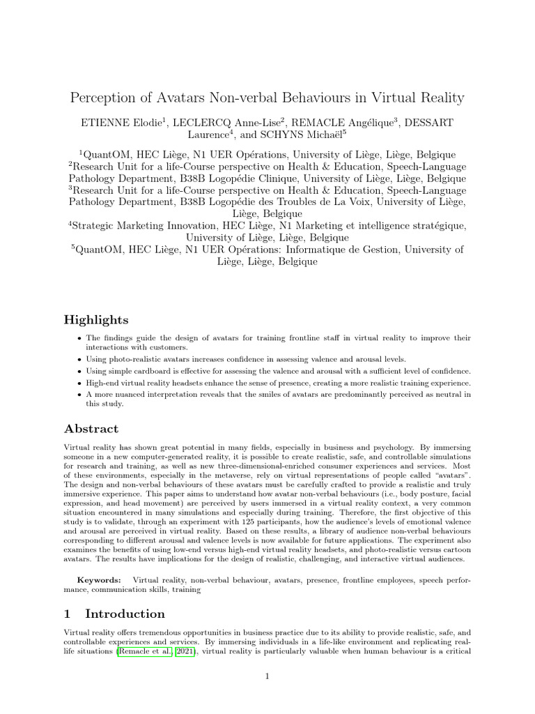 Perception of Avatars Non-Verbal Behaviours in Virtual Reality | PDF ...