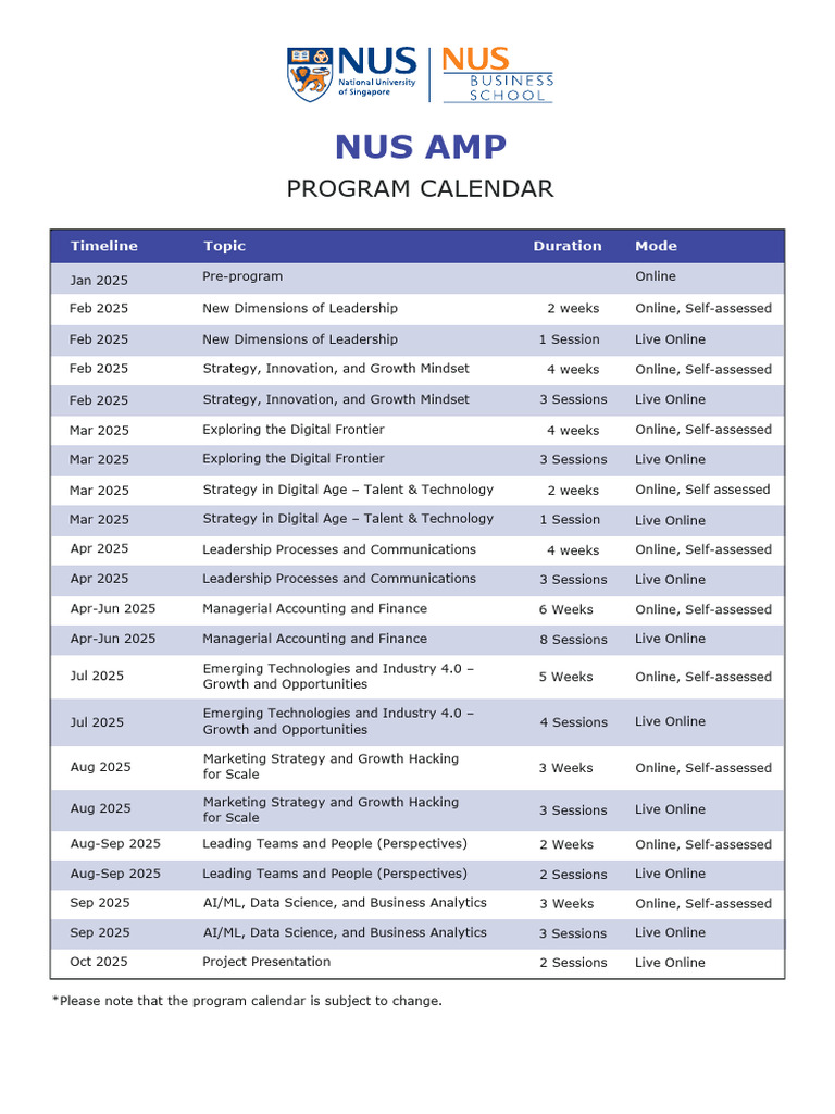 NUS AMP Program Schedule | PDF | Business | Economies
