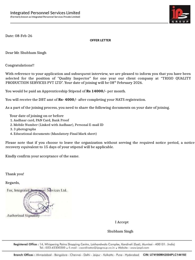 Shubham Singh Offer Letter NATS Jan 2026 | PDF | Employment | Business
