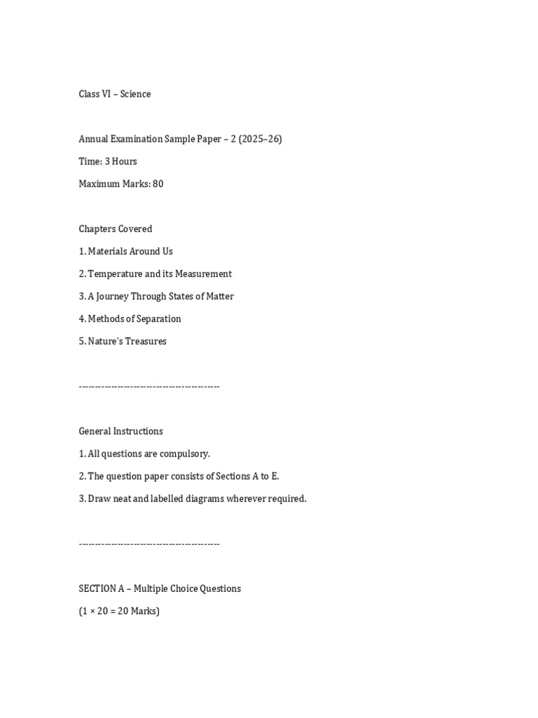 Class VI Science Sample Paper 2 Full-1 PDF | PDF | Water | Thermometer