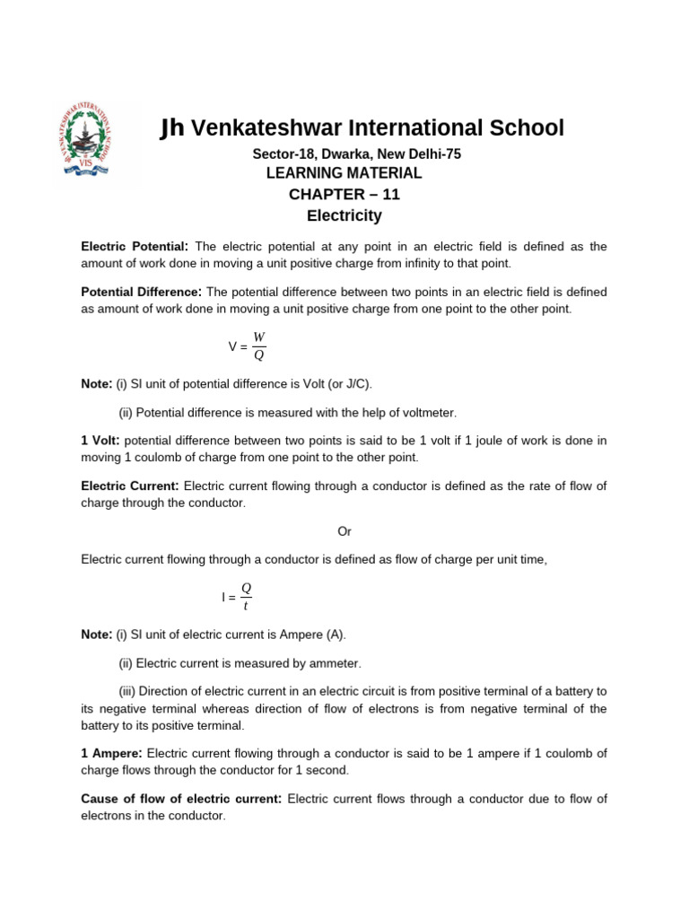 Notes Class - X Phy CH - 11 Electricity | PDF | Electrical Resistivity ...
