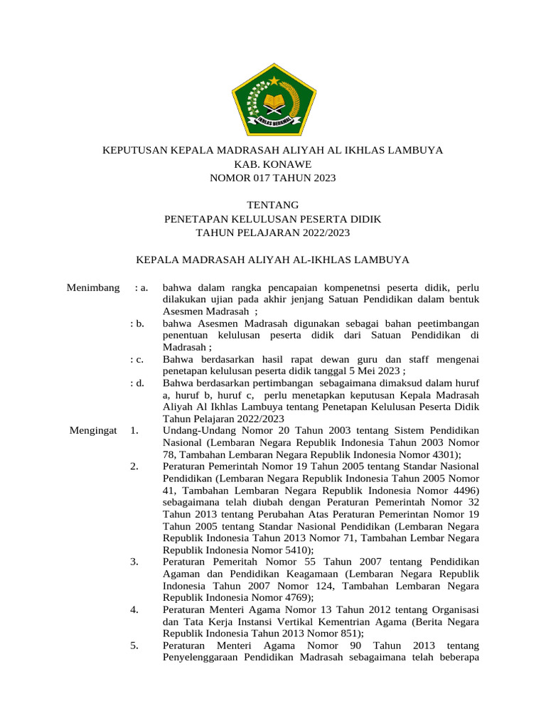 017 SK Penetapan Kelulusan Kepala Madrasah Aliyah Al Ikhlas Lambuya | PDF