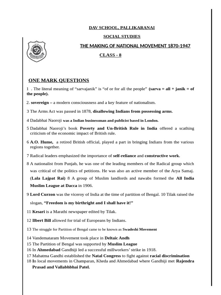 DAV SCHOOL Soc Worksheet | PDF | Resistance To The British Empire ...