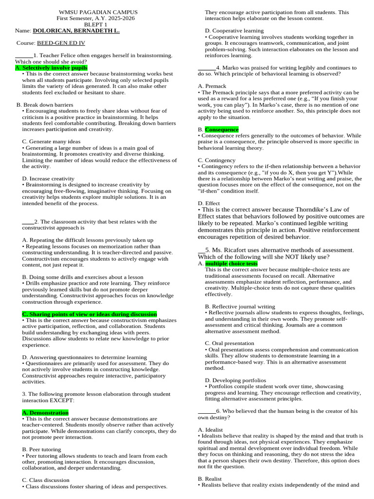 ProfEd 2 140 Items Questionnaire | PDF | Constructivism (Philosophy Of ...