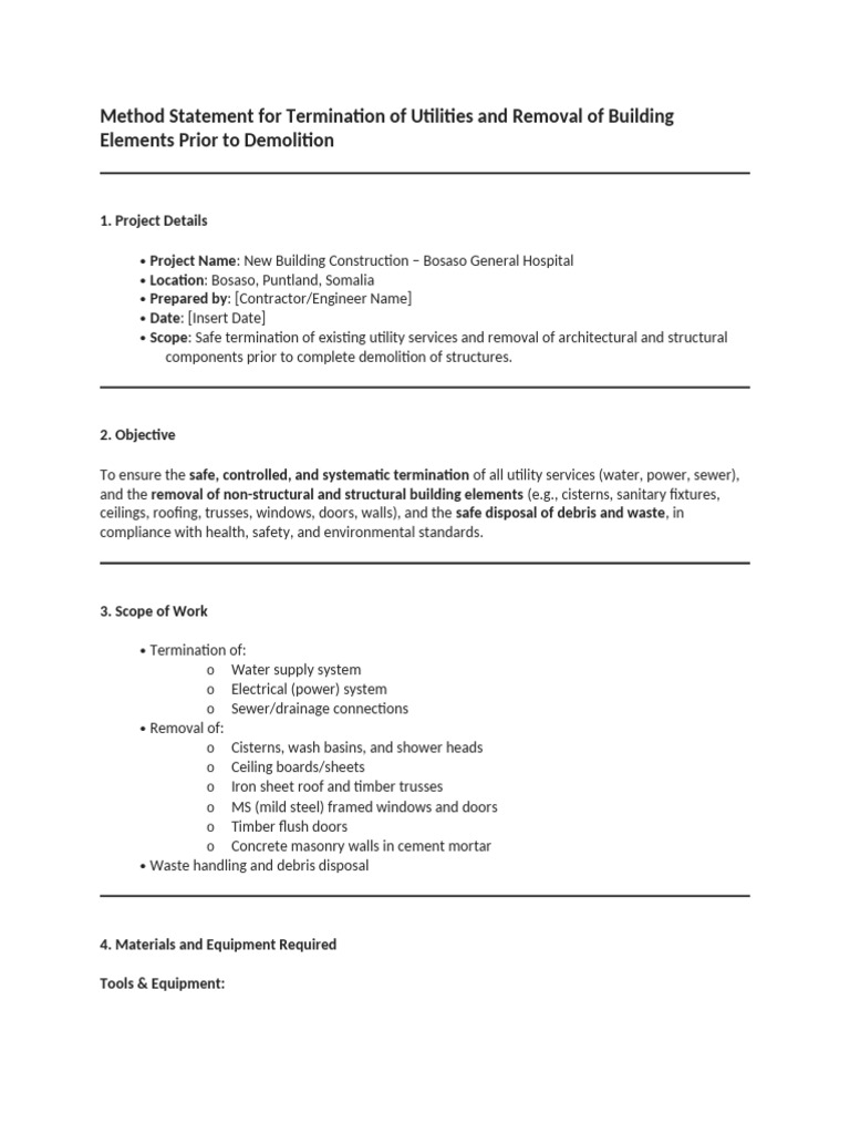 Method Statement For Termination of Utilities and Removal of Building ...