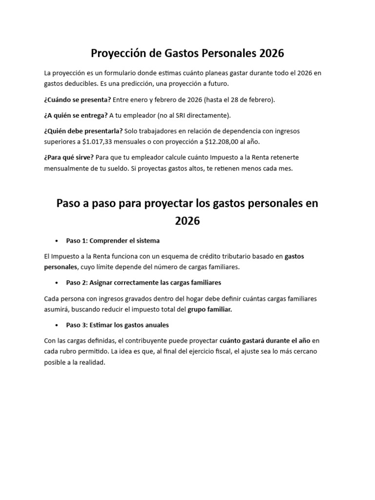 Proyección de Gastos Personales 2026 | PDF | Impuestos | Impuesto sobre ...