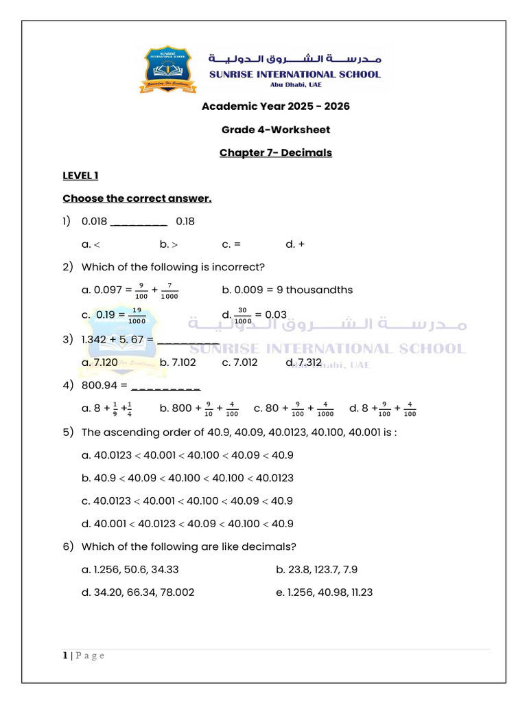 Decimals - Worksheet. 2025 26 | PDF | Decimal | Arithmetic