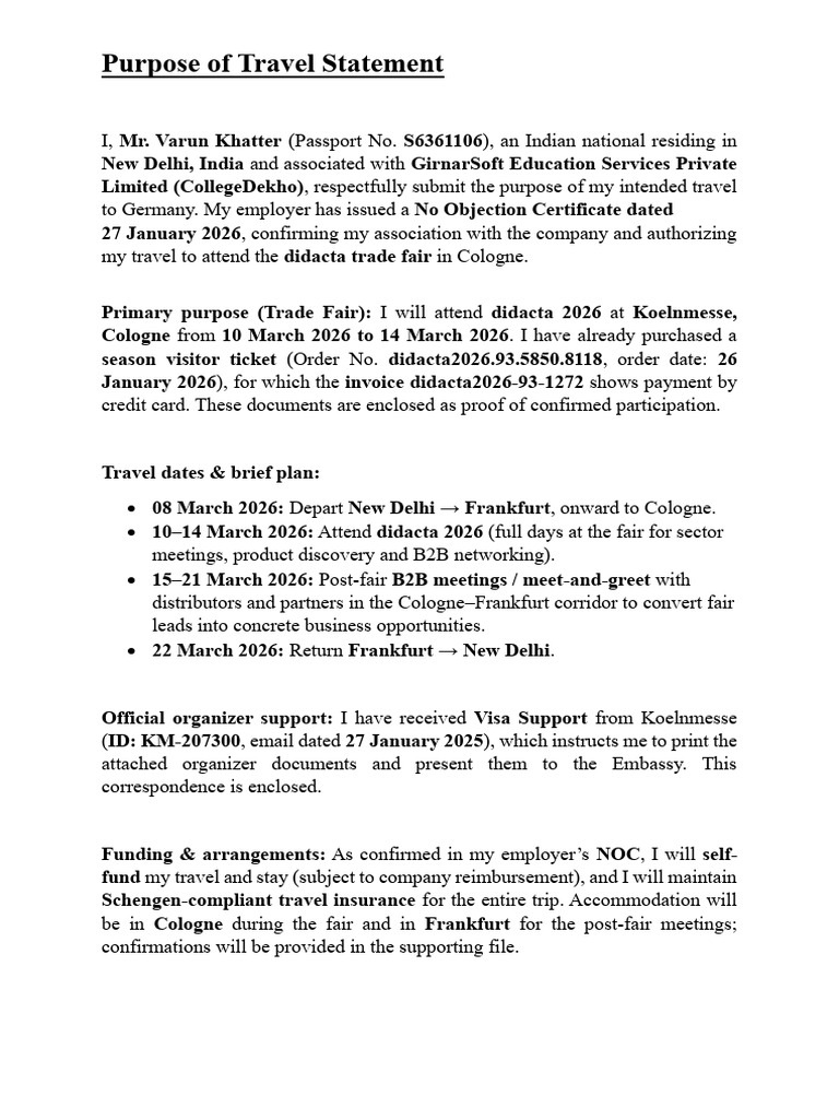 Purpose of Travel Statement | PDF