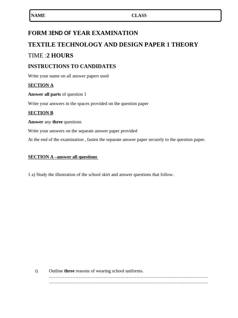 TTD Form 3 Endof Yr Exam | PDF | Clothing | Textiles