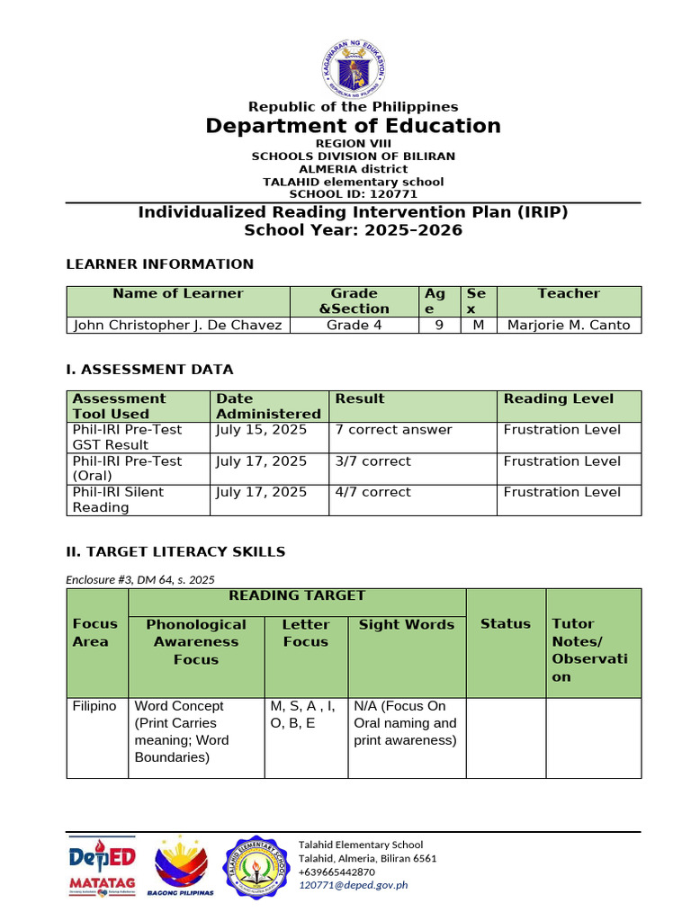 IRIP TALAHID ES (Individualized Reading Intervention Plan) New | PDF ...