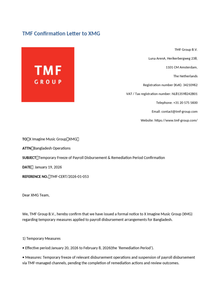 TMF Confirmation Letter to XMG | PDF