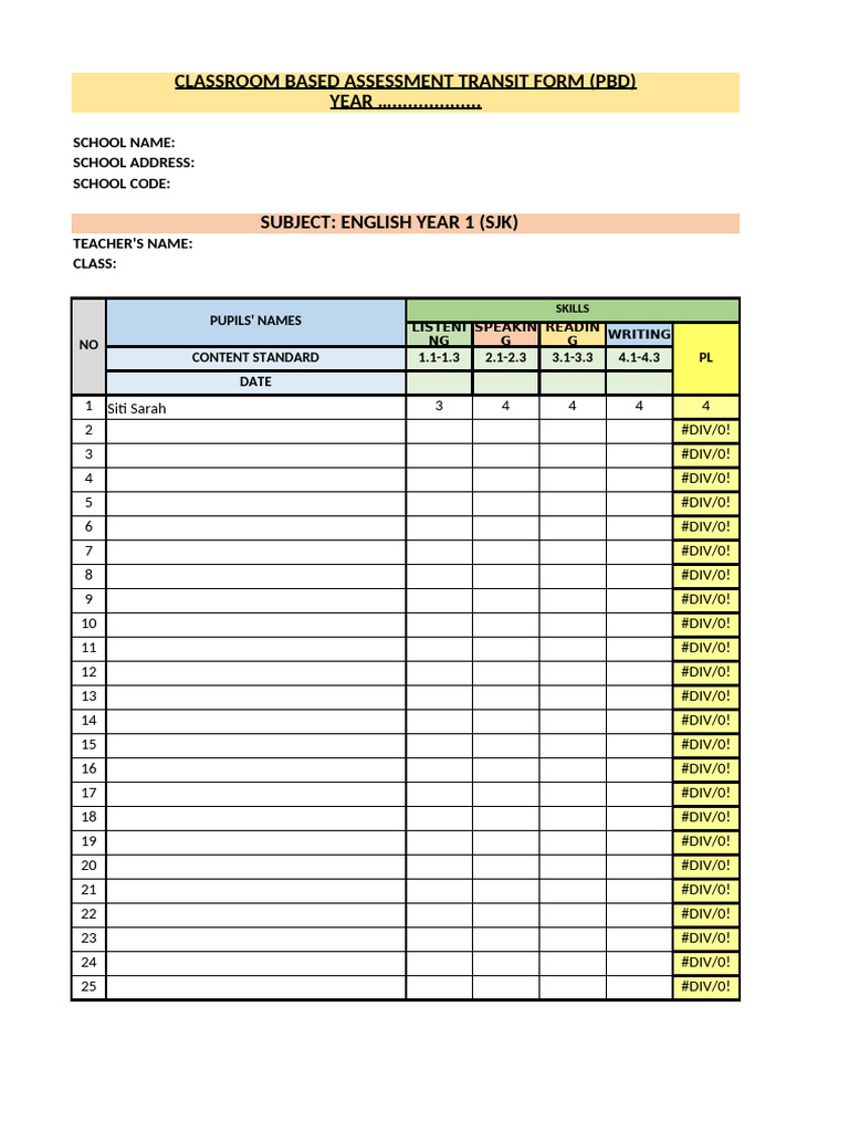 8. PBD TRANSIT FORM ENG Y1 SJK (Version 1) | PDF | Learning | Teaching