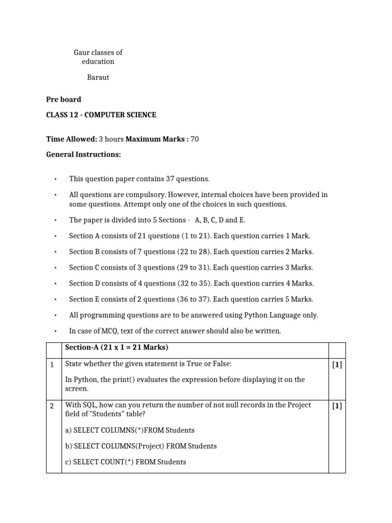testpaper-2421409 | PDF | Sql | Relational Database