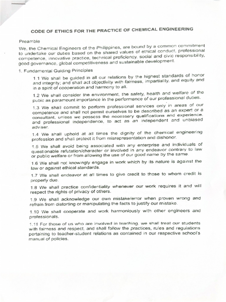 Code of Ethics For The Practice of Chemical Engineering | PDF