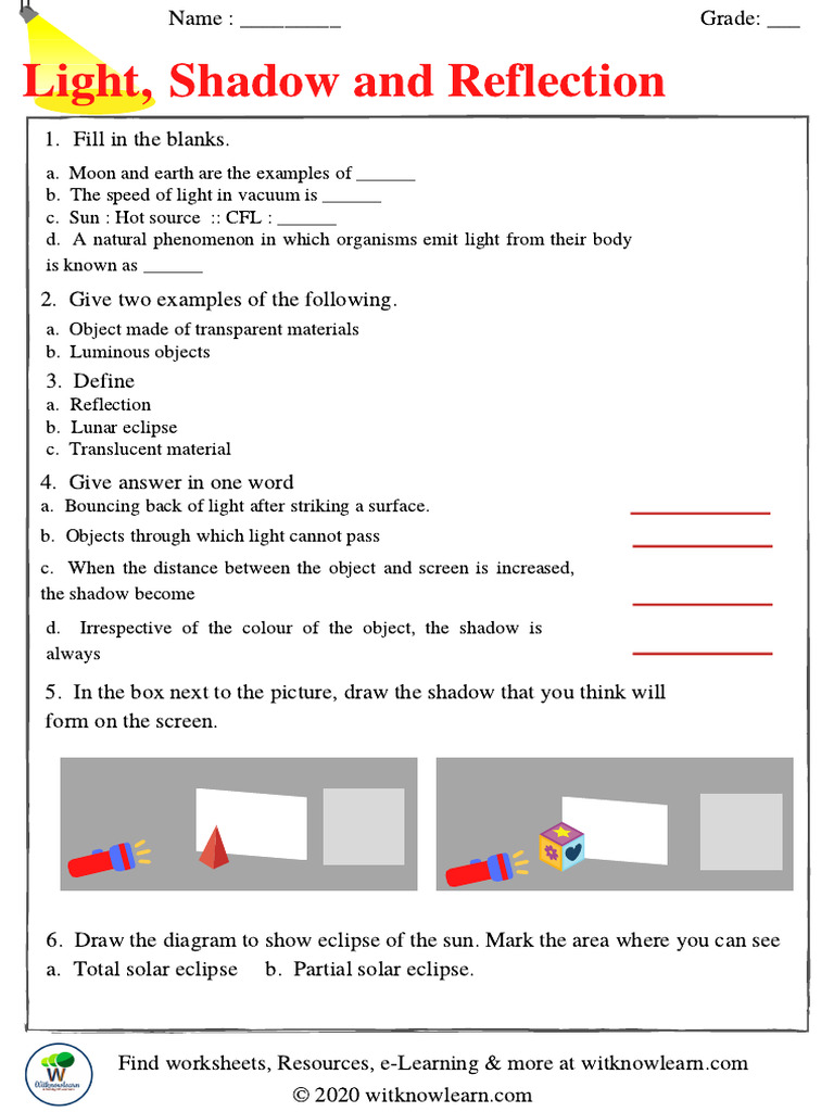 Light Shadow and Reflection For Class 6 I Worksheet 0 2020 14-06-083803 ...