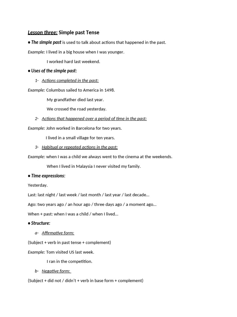Document Lesson Three Simple Past Tense | PDF