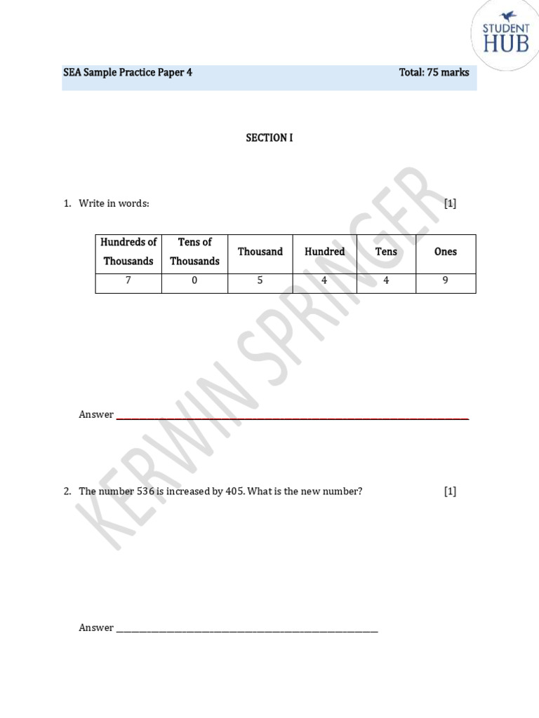 Worksheet 4 Question Sheet - SEA PRACTICE PAPER 4 | PDF