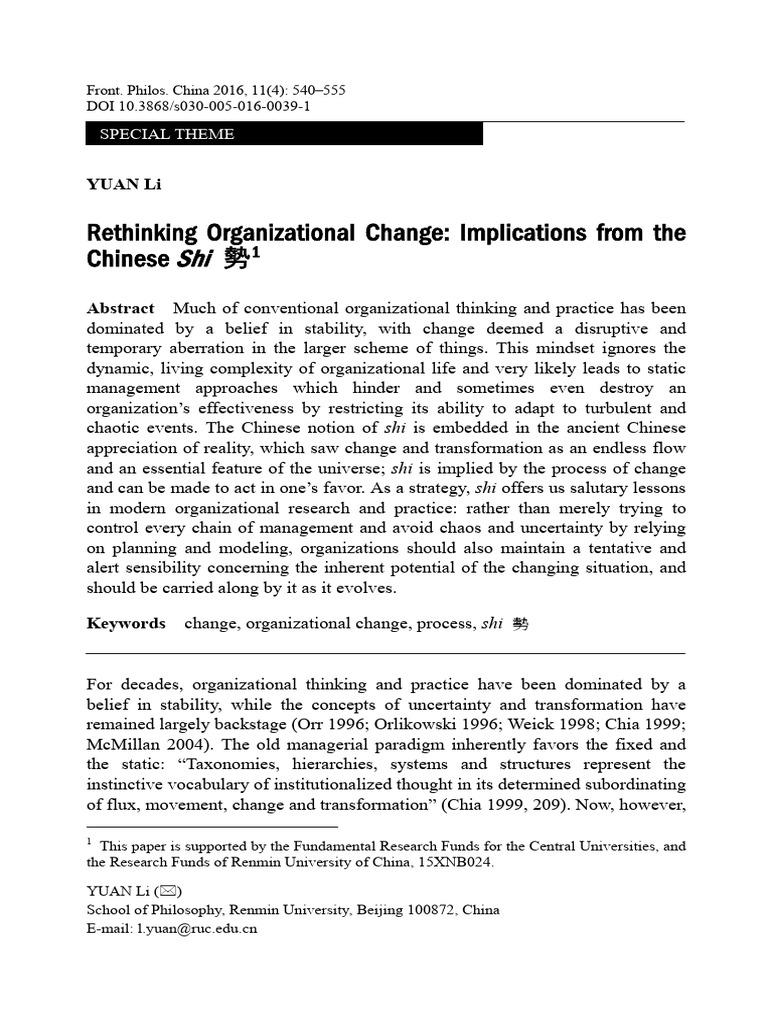 Rethinking Organizational Change - Implications From the Chinese Shi 勢 ...