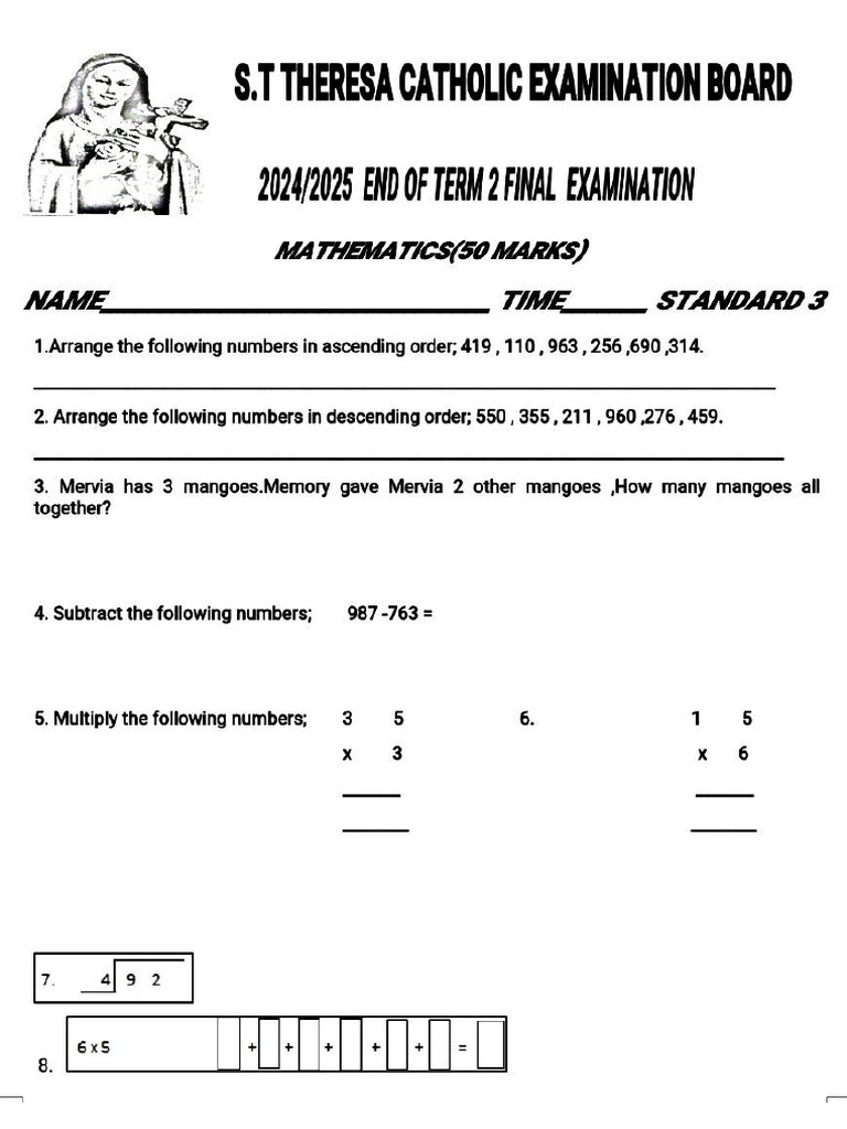Std3 Maths Term1 St-Tereza 2024-25 | PDF