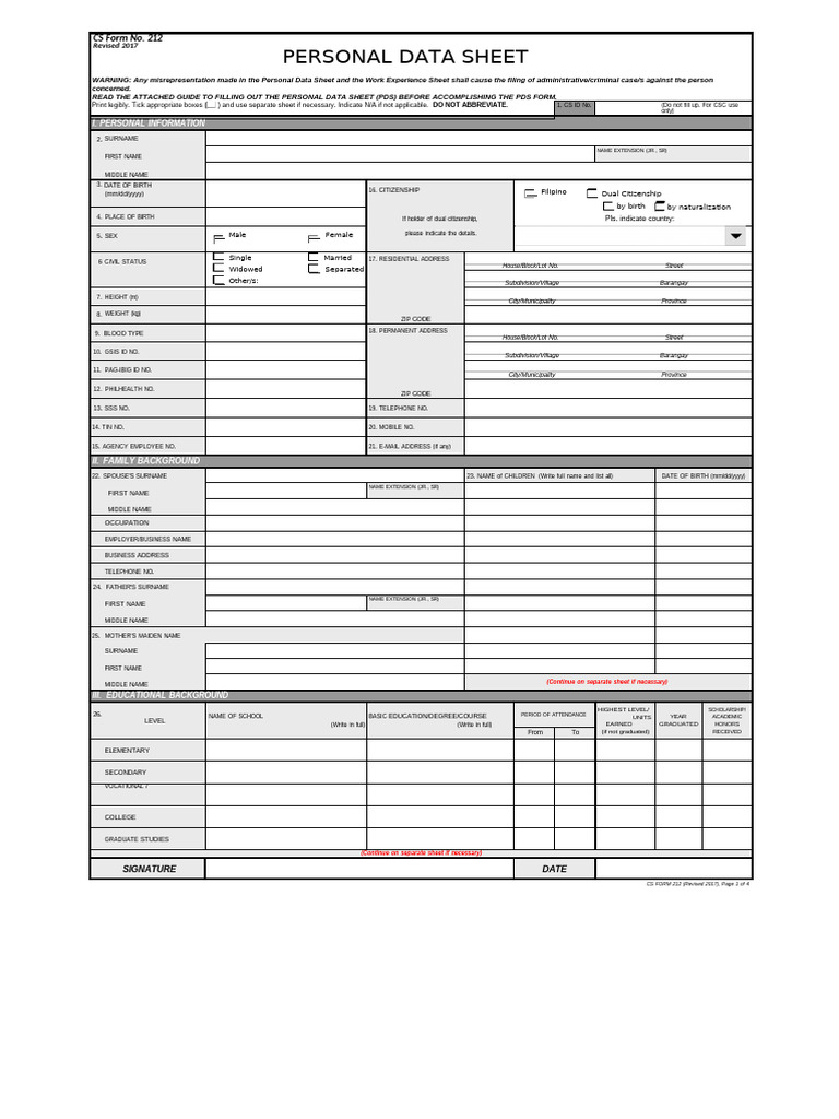 CS Form No - 212 Personal Data Sheet - Docx 22222 | PDF | Justice ...
