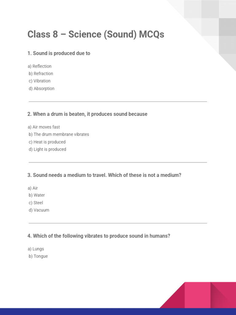 Class 8 Sound Practice Sheet | PDF | Sound | Ear