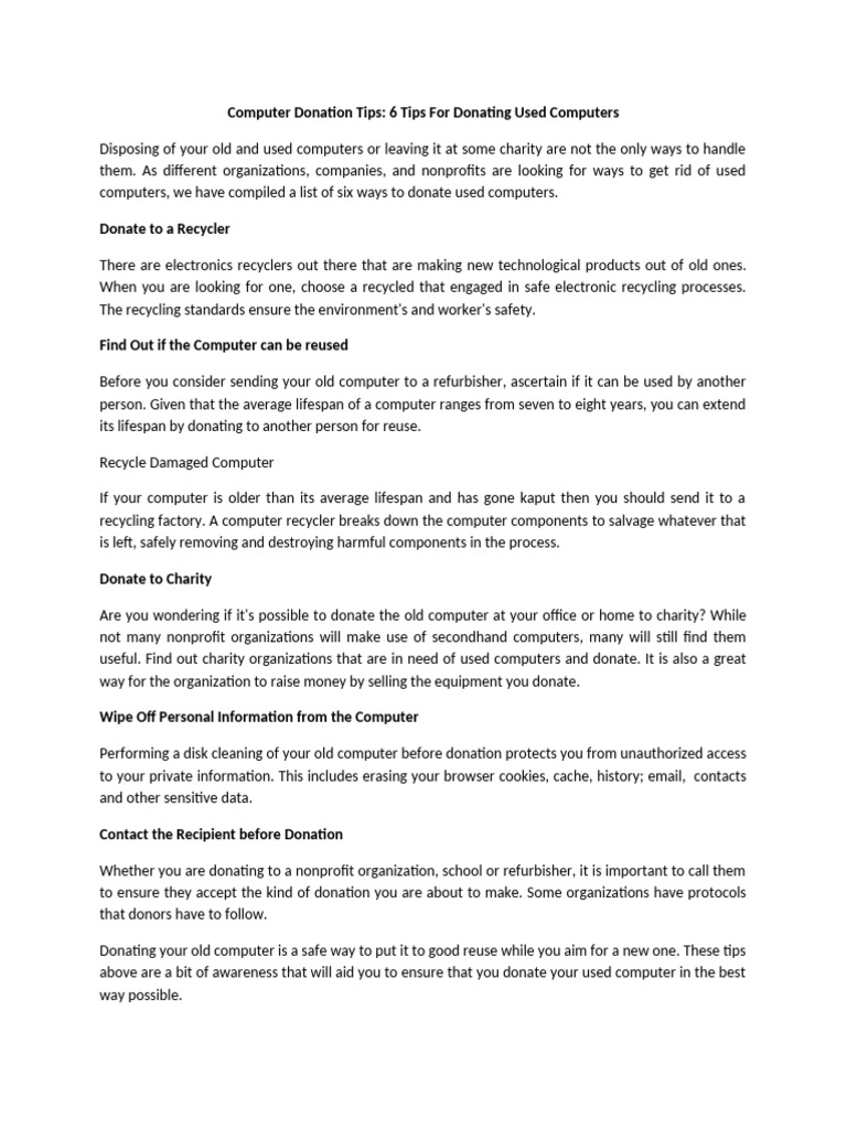 Computer Donation Tips 6 Tips for Donating Used Computers | PDF