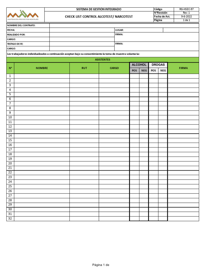 RG-HSEC-97 Check List Control Alcotest | PDF