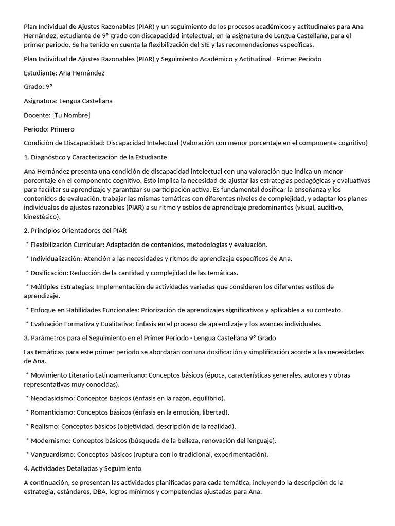 Plan Individual de Ajustes Razonables PIAR Ana Hernandez | PDF ...