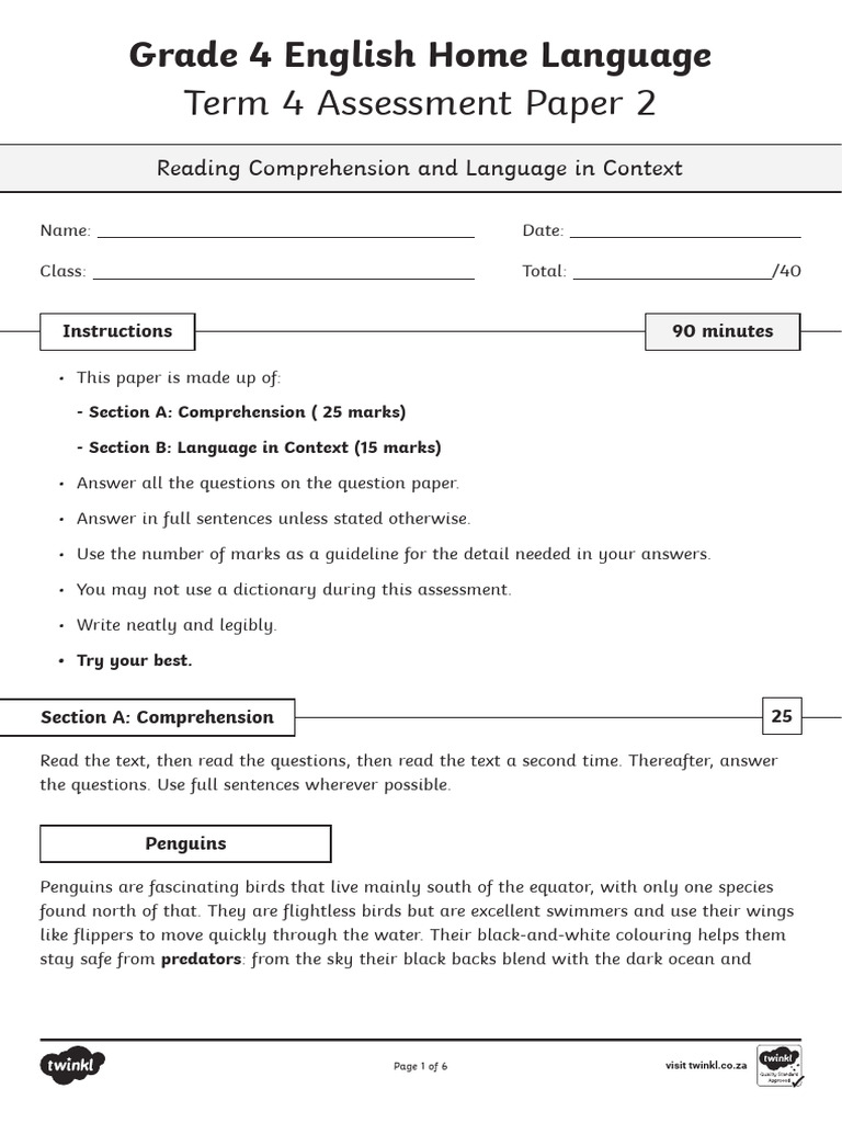 Za HL 1758273831 Grade 4 English Home Language Term 4 Assessment Paper ...