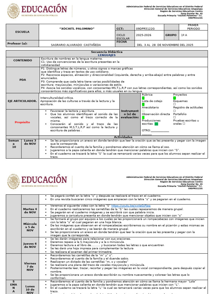 Planeacion NOVIEMBRE 24-25 | PDF | Escritura | Educación primaria