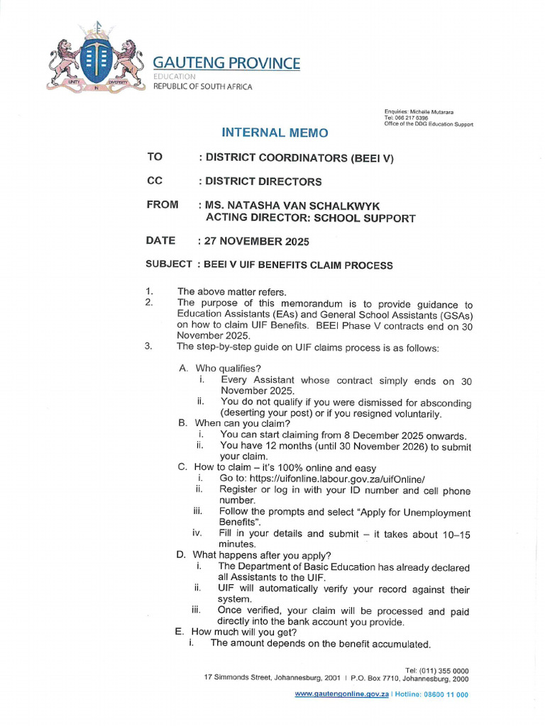 BEEI V UIF Benefits Claim Process | PDF